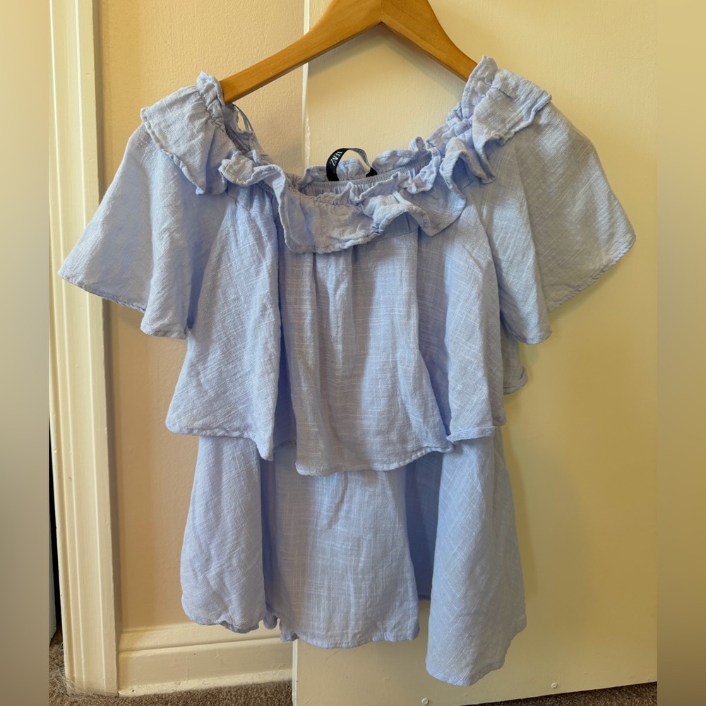 Zara Light Blue Ruffled Off-Shoulder Top- Size S